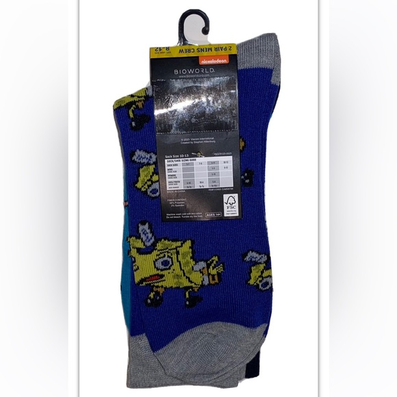 SpongeBob Crew Socks 2 Pair Men 8-12 Green Blue Nickelodeon Square Pants NEW! - Picture 2 of 12